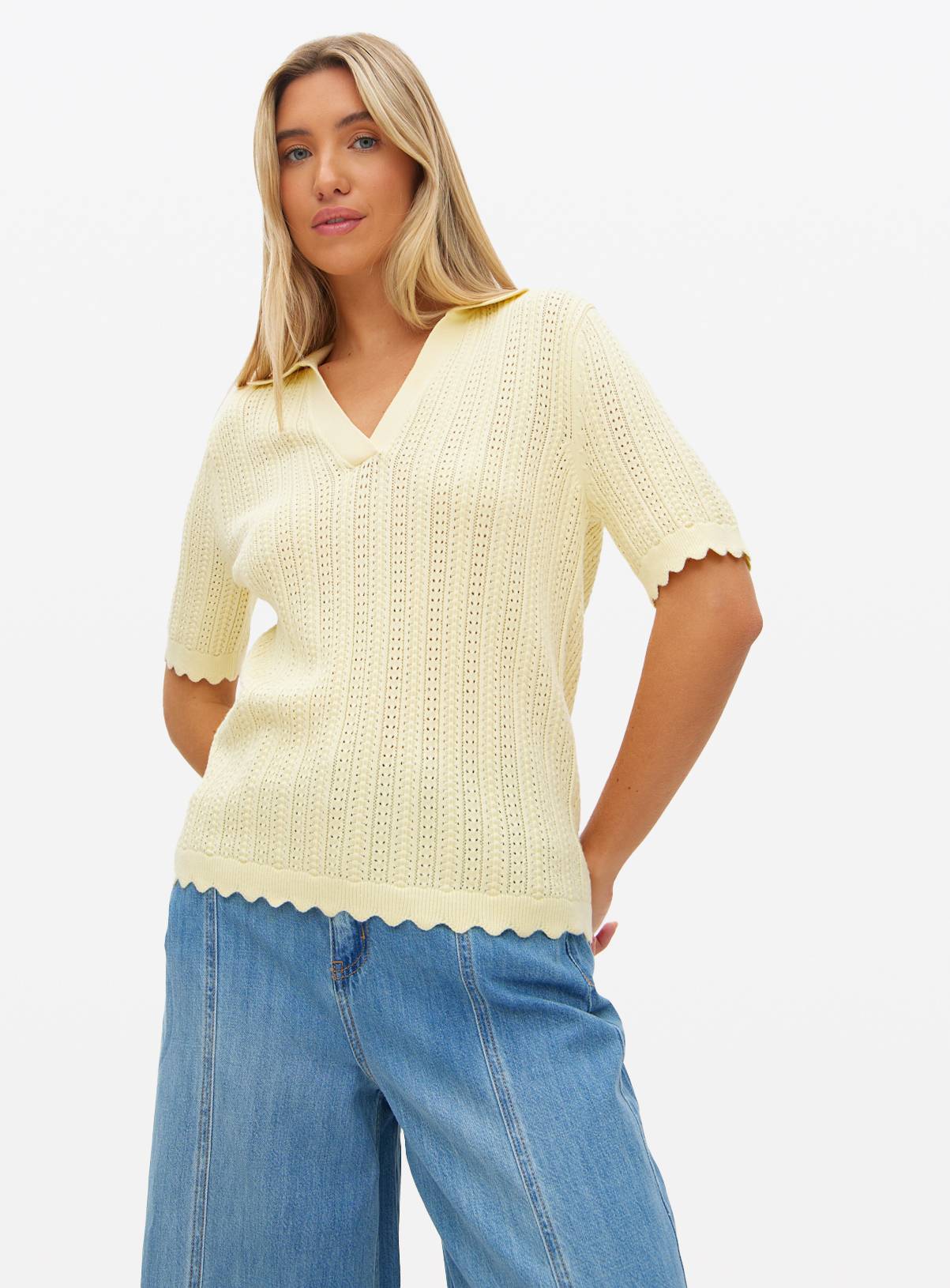 Yellow Crochet Stitch Polo Top 24 - Image 1